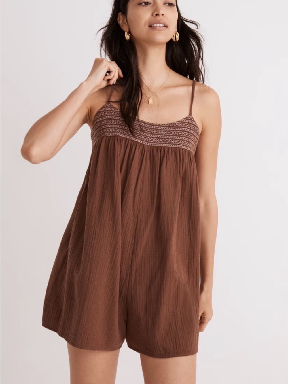 Madewell Brown Smocked Babydoll Romper